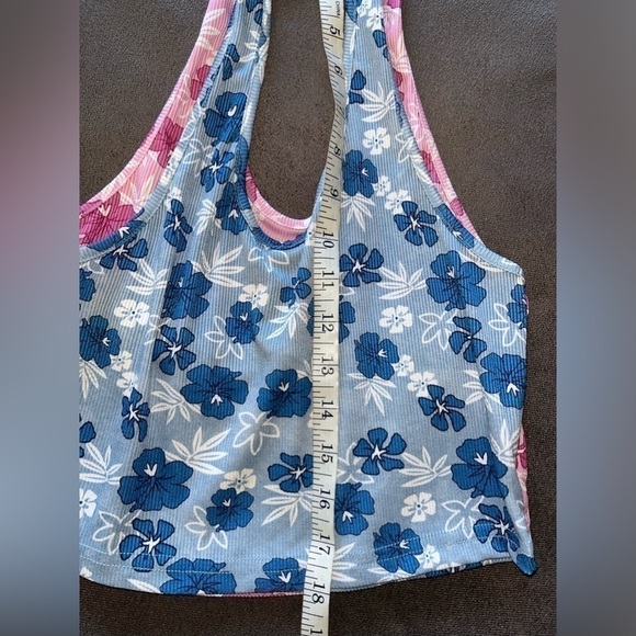 SET of 2 Floral Print Rib Knit Halter Crop Top Blue Pink Hibiscus Hawaii Summer - Picture 12 of 13